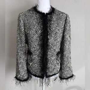 Zara White Black Fringe Wool Blend Tweed Blazer Womens 10 Preppy Dark Academia